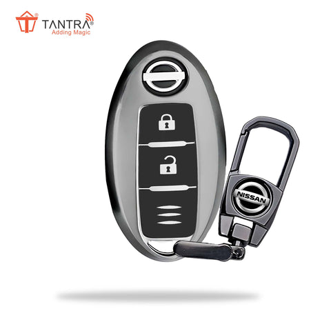 TANTRA TPU Key Cover and Metal Key Chain Compatible with Micra, Sunny, Micra Active, Magnite, Teana 2 Button Flip Key (Grey)