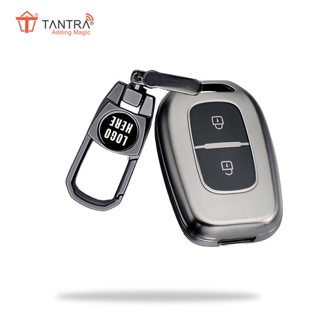 TANTRA TPU Key Cover and Metal Key Chain Compatible with Renault Kwid Duster Kiger Triber 2 Button Flip Key (Grey)