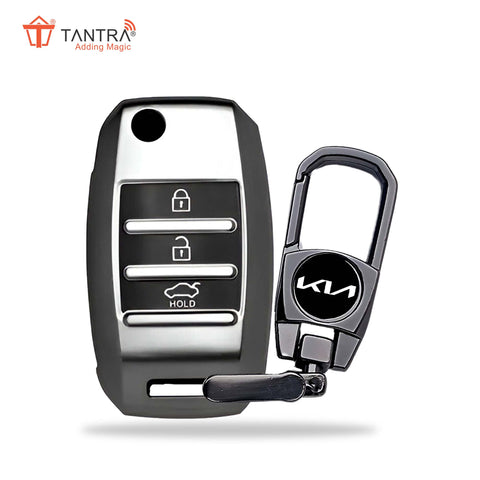 TANTRA TPU Key Cover and Metal Key Chain Compatible With Kia Carens | Sonet | Seltos 3 Button Flip Key (Grey)