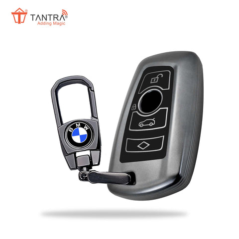 TANTRA TPU Key Cover and Round Key Chain Compatible With BMW X4, X3, 5 Series, 6 Series, 3 Series, 7 Series 4 Button Flip Key (Grey)