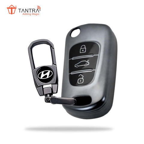 TANTRA TPU Key Cover and Metal Key Chain Compatible With Hyundai Elantra 3 Button Flip Key (Grey)