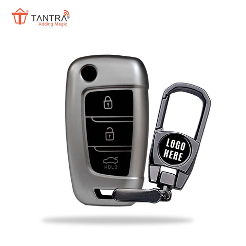 TANTRA TPU Key Cover and Metal Key Chain Compatible with Hyundai Verna 2024 2023 | i20 N line N6 Car 3 Button Flip Key (Grey)