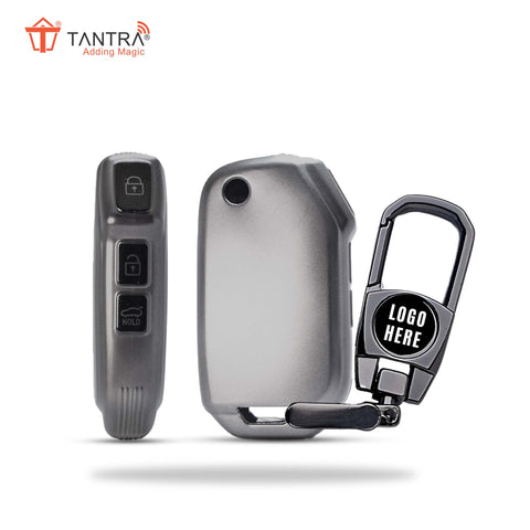 TANTRA TPU Key Cover and Metal Key Chain Compatible With Kia Seltos 2023 2024 HTE 3 Button Flip Key (Grey)