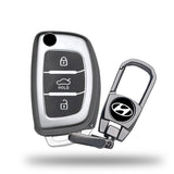 TANTRA TPU Key Cover and Metal Keychain Compatible for Hyundai i 20, Xcent,Verna Flude 3 Button Flip Smart Key Cover Grey