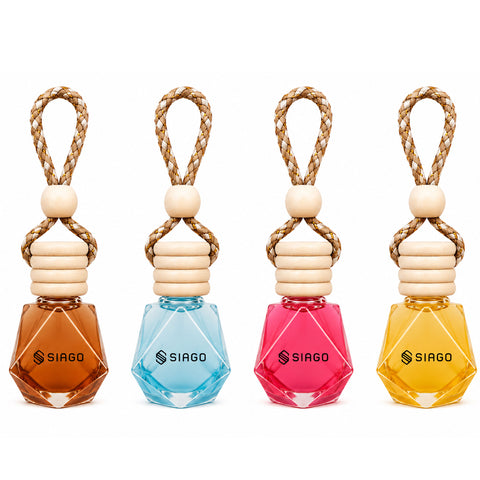 TANTRA Car Perfume Hanging Pod Pack of 4 (Chandan, Aqua, Lemon & Floral Splendour) Premium Car Air Freshener | Essential Fragrance Oils | Glass Bottle with Wooden Diffuser Lid | Lasts Up to 60 Days