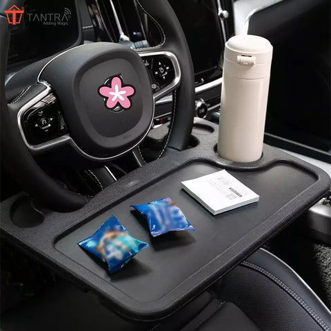 Tantra Multifunction Car Steering Wheel Table Tray for Laptop, Double Sided  Car Tray for Writing, Car Eating Desk with Glass Holder (Color -Black